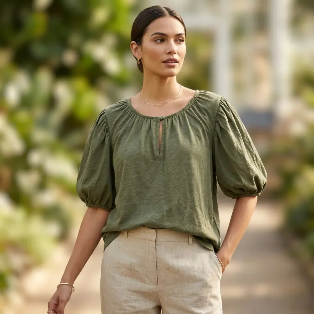 Old Navy Olive Green Puff Sleeve Keyhole Top Womens XL Boho Cottagecore Peasant